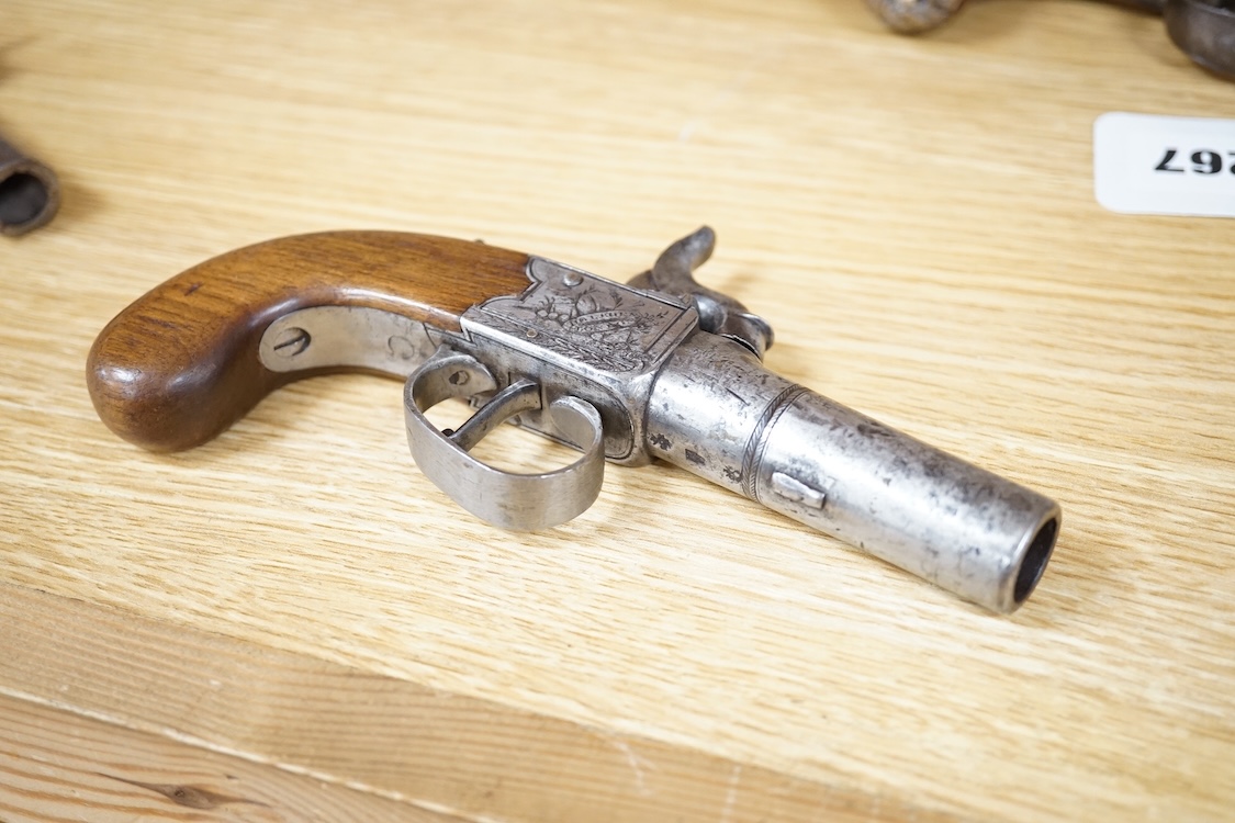A boxlock percussion pocket pistol with turn off barrel, liege proof, frame engraved; Stevens, Holborn, London
